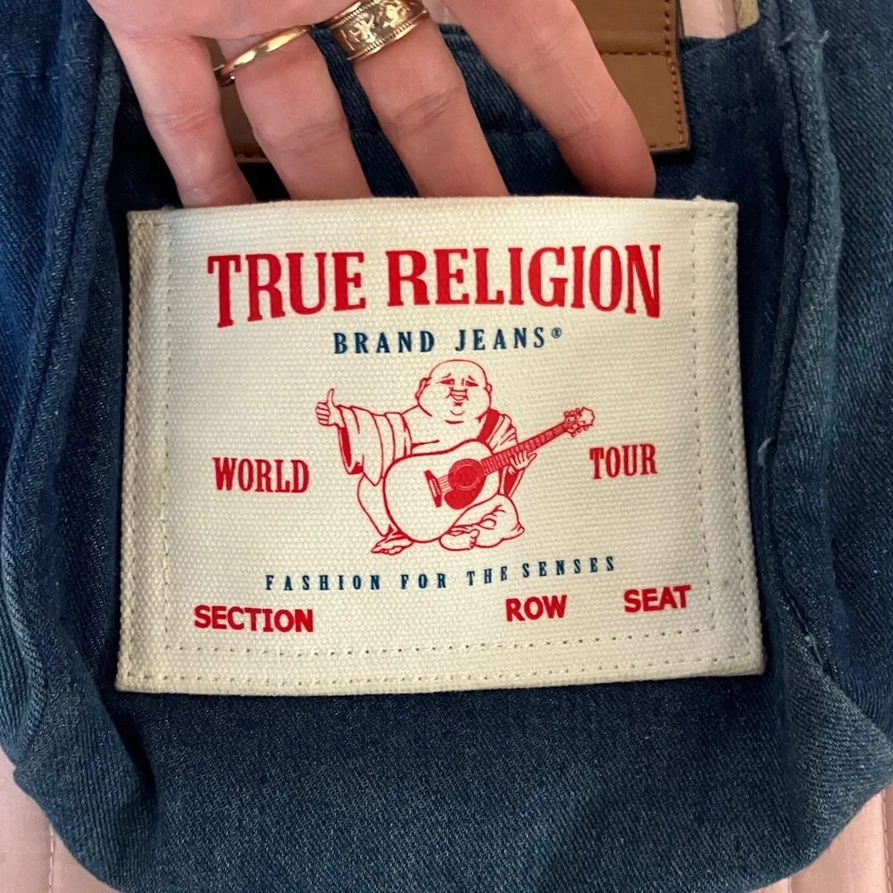 True Religion Logo Patch Denim Crossbody Bag Tote w pocket VGUC fall bag